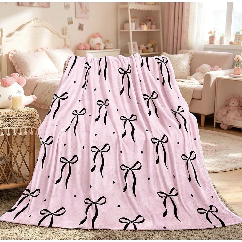 Pink & Black Bow Pattern Throw Blanket for Kids, Rectangular Throw Size